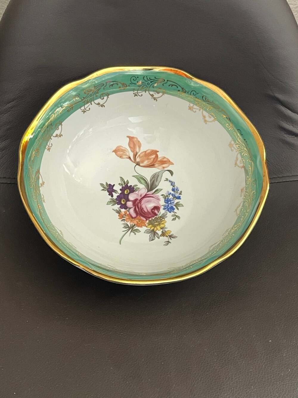 Rare Find Vintage White & Green Floral Enamel Bowl